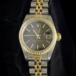 Rolex Datejust Ladies Two-Tone 18K Gold & Steel Watch Black Tapestry Dial 69173 - Picture 1 of 6
