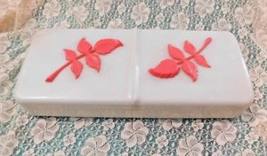 VINTAGE MAX FACTOR HOLLYWOOD IVORY COLOR PLASTIC BOX W PINK ROSES 12 by 5 inches - Picture 1 of 7