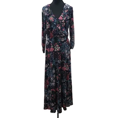 Maxi Vestido Floral Robert Louis Azul Marino Cuello en V Manga Larga Estilo Envolvente Talla M Foto 1 de 4