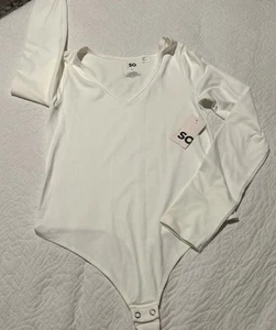 White Seamless Bodysuit Juniors L Thong 2 Snap Crotch V-neck SO Goods For Life - Picture 1 of 8