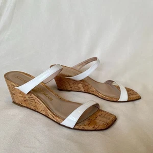 Stuart Weitzman Aleena Wedge Heel Sandals 7.5 Narrow White Patent Leather Cork - Picture 1 of 13