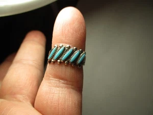 Vintage Old Pawn Zuni Needlepoint Ring Turquoise 925 Sterling Silver Signed - Picture 1 of 16