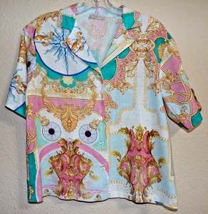 BELLAMBRA Multi-Color Linen Blend Short Sleeve Button Front Blouse - Size S - Picture 1 of 4