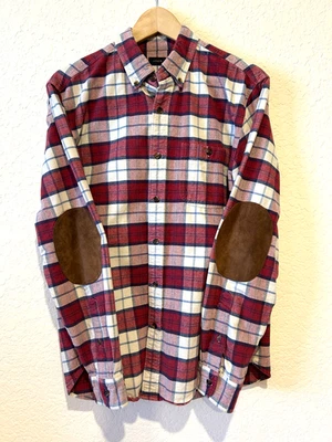 J Crew Plaid Flannel Shirt Button Up Sz L Preppy Genuine Leather Elbow Patches - Image 1 of 4