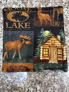 Handmade Fabric Jar Opener With Cabin moose Lake Background & Rubber Backing - Picture 1 of 9