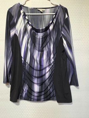 Top Dana Buchman XL para mujer púrpura negro a rayas acanalado capucha frontal cuello 3/4... Foto 1 de 4