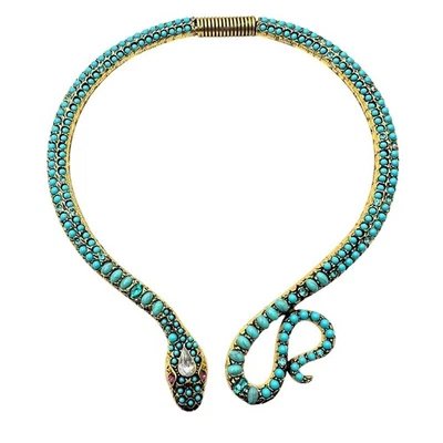 Egyptian Revial Faux Turquoise Rhinestone Gold Snake Collar Statement Necklace - Image 1 of 4