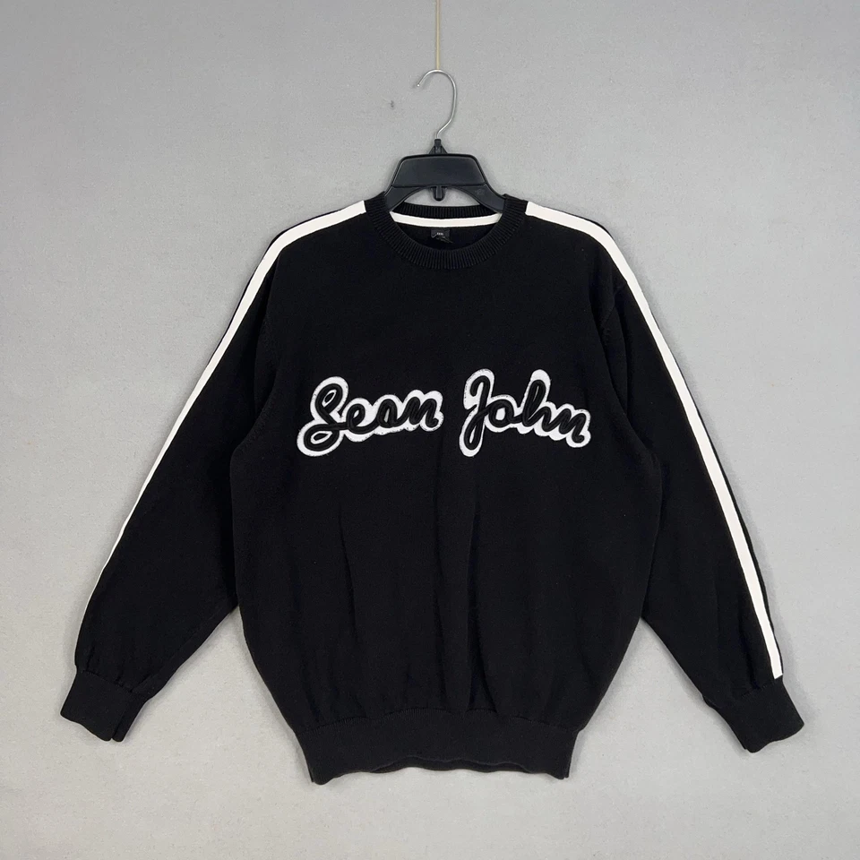 Vintage Sean John Sweater Mens 3XL Black Crewneck Script Applique Stripes 90s - Image 1 of 4