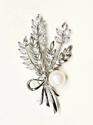 Retro Wheat Stems Chest Brooch Pin with 9mm White Edison Pearl/Pearl JewelryGift - Image 1 of 4