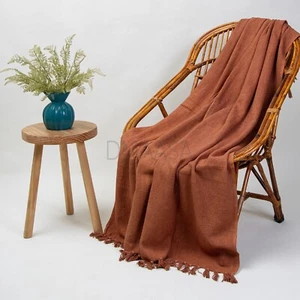 Solid Brown Hand Block Print Cotton Sofa Bed Throw Handloom Blanket 50x70 Inch - Picture 1 of 4