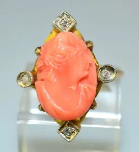 ANTIKER VIKTORIANISCHER RING 10 K GELBGOLD KORALLE KAMEE & 4 DIAMANTEN GRÖSSE 5 - Bild 1 von 4