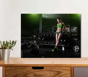 Athletic Woman lean on Dumbbell 5mm thick Plastic Poster Ready to Hang 60x45cm - Picture 1 of 3