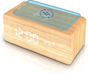 Wooden Alarm Clock with Wireless Charging Pad LED Digital Clock with Large Date - Picture 1 of 7