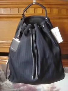 NWT~ DKNY NAVY BLUE PINSTRIPE & LEATHER DRAWSTRING SLIM BACKPACK~ $195 - Picture 1 of 9