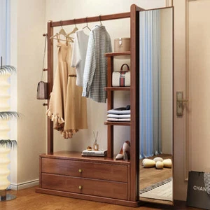 Solidwood Coat Rack With Mirror And Storage In Walnut Colour - Picture 1 of 15