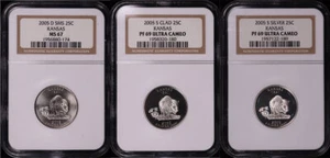 2005-D&S SMS, Clad, & Silver Kansas State Quarter Set NGC MS-67 & PF-69 UC - Picture 1 of 2