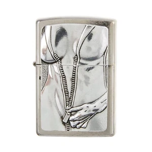 Zippo Lighter Zipper Girl Emblem Brushed Chrome Windproof Flame Refillable - Picture 1 of 5