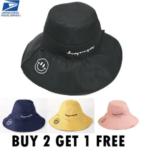 Double Sided Smile Face Wide Brim Bucket Hats Sun Protection Cap Fishing W/ Rope - Picture 1 of 6