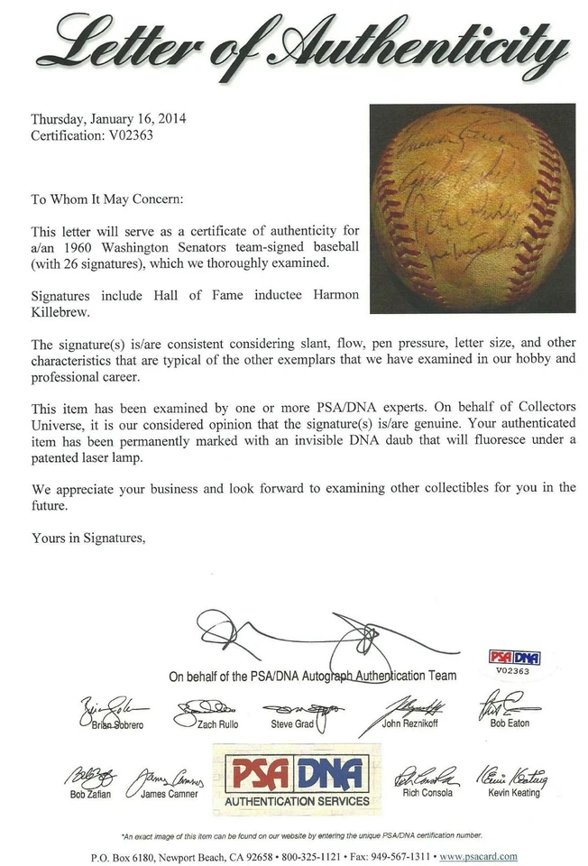 1960 Senators 26x Team Signed Baseball PSA/DNA Final Washington Harmon Killebrew - Image 1 of 4