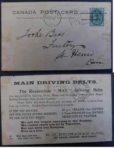 RARE 1900 Canada Rossendale Driving Belts 1c QV Stamped Postcard Used - Picture 1 of 3