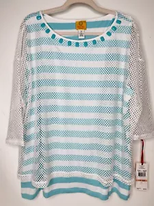 Rubino Rd. nuovo con etichetta Top blusa donna più 2x Lt. blu bianco rete sovrapposta "a maglietta" - Foto 1 di 10