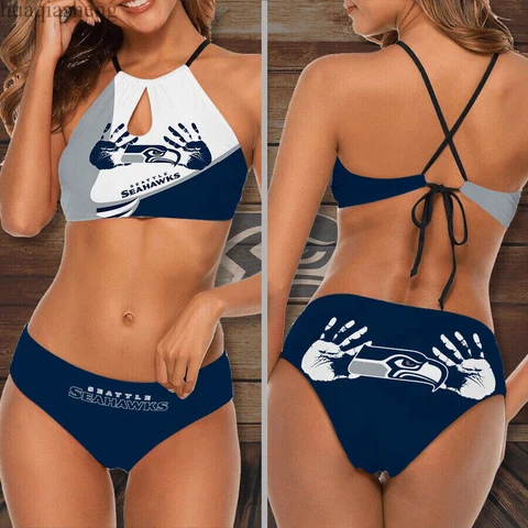 Seattle Seahawks 2PCS Bikini Set Halter High Neck Swimsuit Women Bathing Wear Cover