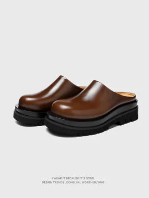 Zapatillas de verano para hombre de cuero genuino medias zapatillas de cuero marrón punta redonda zapatos Foto 1 de 4