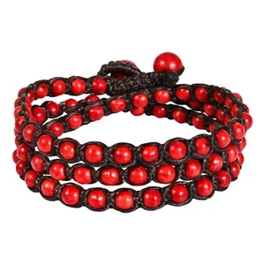 Bracciale Perline Corallo Rosso Vibrante Multistrato Corda Cotone Fatto a Mano Gioielli Boho - Foto 1 di 4