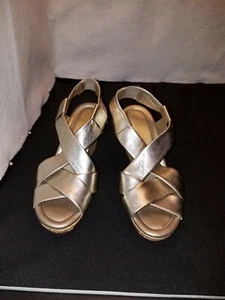 NWOB W's 7B Cole Haan Silver Wide Strap Lea. 3.5" Wedge Heel Slingback SANDALS - Picture 1 of 12