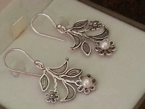 Sterling Silber 925 Perlen Set Blume & Blätter Ohrhänger Ohrringe - Bild 1 von 5