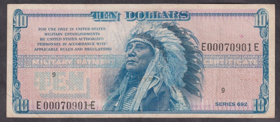 Last Vietnam Military MPC 692 $10 Native American + Eagle - Triple 0007 Serial - Image 1 of 2