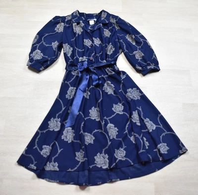 70s Just Ducky Polyester Midi 3/4 Sleeve Disco Blue Floral 8 Petite Vintage - Image 1 of 4