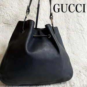 GUCCI Drawstring Shoulder Bag Black Leather Vintage Crossbody Purse From Japan - Picture 1 of 10