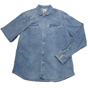 $ 148 Faherty verblasst indigoblau Denim Perlen Druckknopf Westernhemd Herren Größe Large - Bild 1 von 10
