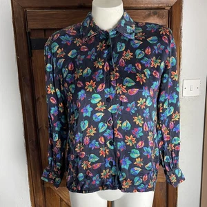 Escada Margaretha Ley Vintage Blue 100% Silk Leaf Long Sleeve Shirt Blouse 40 - Picture 1 of 9