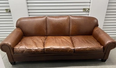 Ralph Lauren English Roll-Arm Brown Leather Sofa With Down Seat Cushions - Image 1 of 4