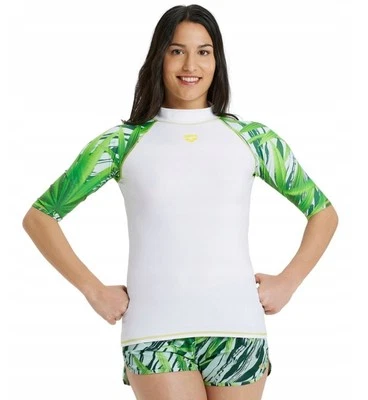 Arena Damen UV Shirt Rashguard Rash Vest S/S Allover 3/4 Ärmel, Weiß/Grün, S - Bild 1 von 4