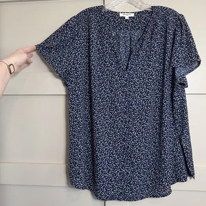 Stitch Fix Monday Fun Damen V-Ausschnitt Bluse Navy Weiß Blumen Top - Bild 1 von 9
