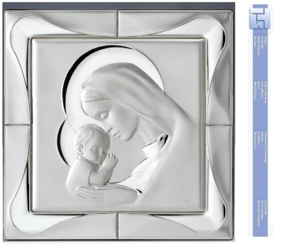 CAPOLETTO QUADRO MADONNA c/ BIMBO Cm.43x43 RETRO LEGNO LASTRA ARGENTO 925% 10825 - Immagine 1 di 3