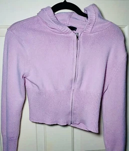 Lillusory Women's Pink Full Zip Cropped Hooded Knit Sweater, L - Imagen 1 de 3