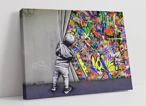 BANKSY WHATS BEHIND CURTAIN BOY  - CANVAS/FRAMED WALL ART PICTURE PRINT - - Picture 1 of 4