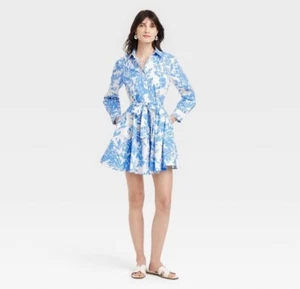 Women's Long Sleeve Mini Shirtdress - A New Day™ Blue Floral M - Picture 1 of 1