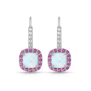 Cushion Cut Halo Simulated Opal & Ruby Leverback Earrings in Sterling Silver - Picture 1 of 3