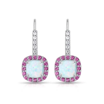 Cushion Cut Halo Simulated Opal & Ruby Leverback Earrings in Sterling Silver - Image 1 of 3