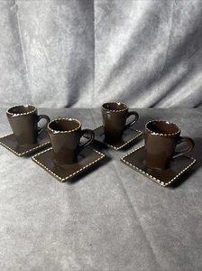 Southern Living brown Set 4 espresso cups w/ square saucers dark brown Stoneware - Picture 1 of 5