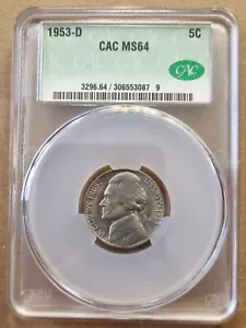1953 D Jefferson Nickel 5c Classificato CAC MS64 Non Circolato #79879 - Foto 1 di 2