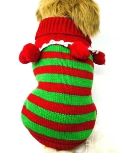 Dog Sweater, Knitted Warm Christmas with Pom Poms, Red Green, Small Medium - Picture 1 of 6