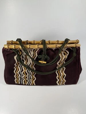 Hand painted Purse Bamboo Handles Made In Japan Maroon Medium Sz VTG - Image 1 of 4