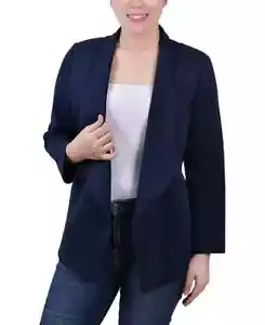 NY Collection Petite 3/4 Sleeve Ponte Jacket Women's PL Navy Shawl Open Front - Picture 1 of 14