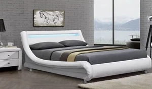WHITE LEATHER BED ITALIAN DESIGNER LED LIGHTS 4FT6 DOUBLE 5FT KINGSIZE MATTRESS - Picture 1 of 4